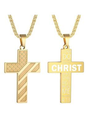 Gold American Flag Christ Cross Necklace Men Stainless Steel Box Chain 22 inch